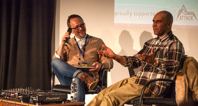 Attack's Bruce Aisher interviews Goldie on stage at London Electronic Music Event