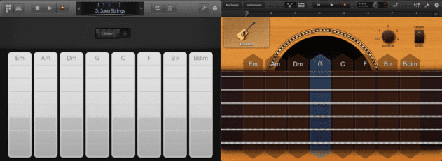 Family resemblance: the Logic Remote's Chord Strips (left) are just one of many features inspired by GarageBand. In this case, the Smart Instruments in the GarageBand iPad app provide the inspiration