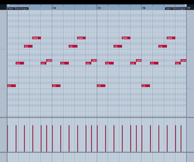 Pic 9a - Single oscillator octave spanning bass pattern + kick.