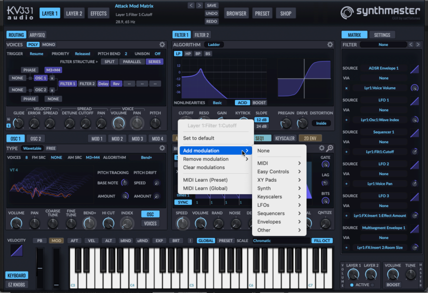 Assign modulation sources by right-clicking on the destination parameter. You can also drag the name of the modulator onto the control.