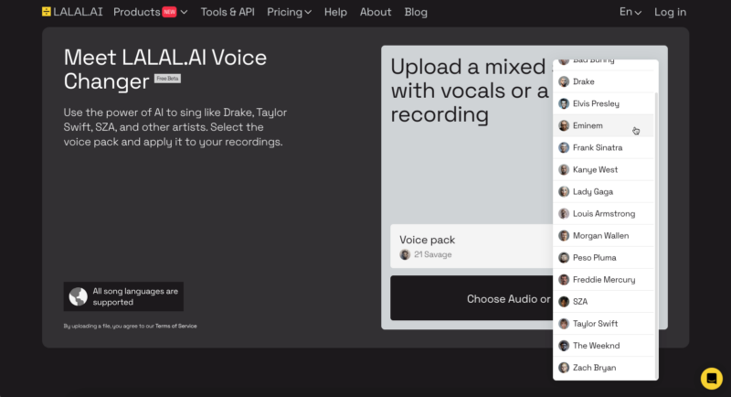 LALAL.AI Voice Changer upload screen